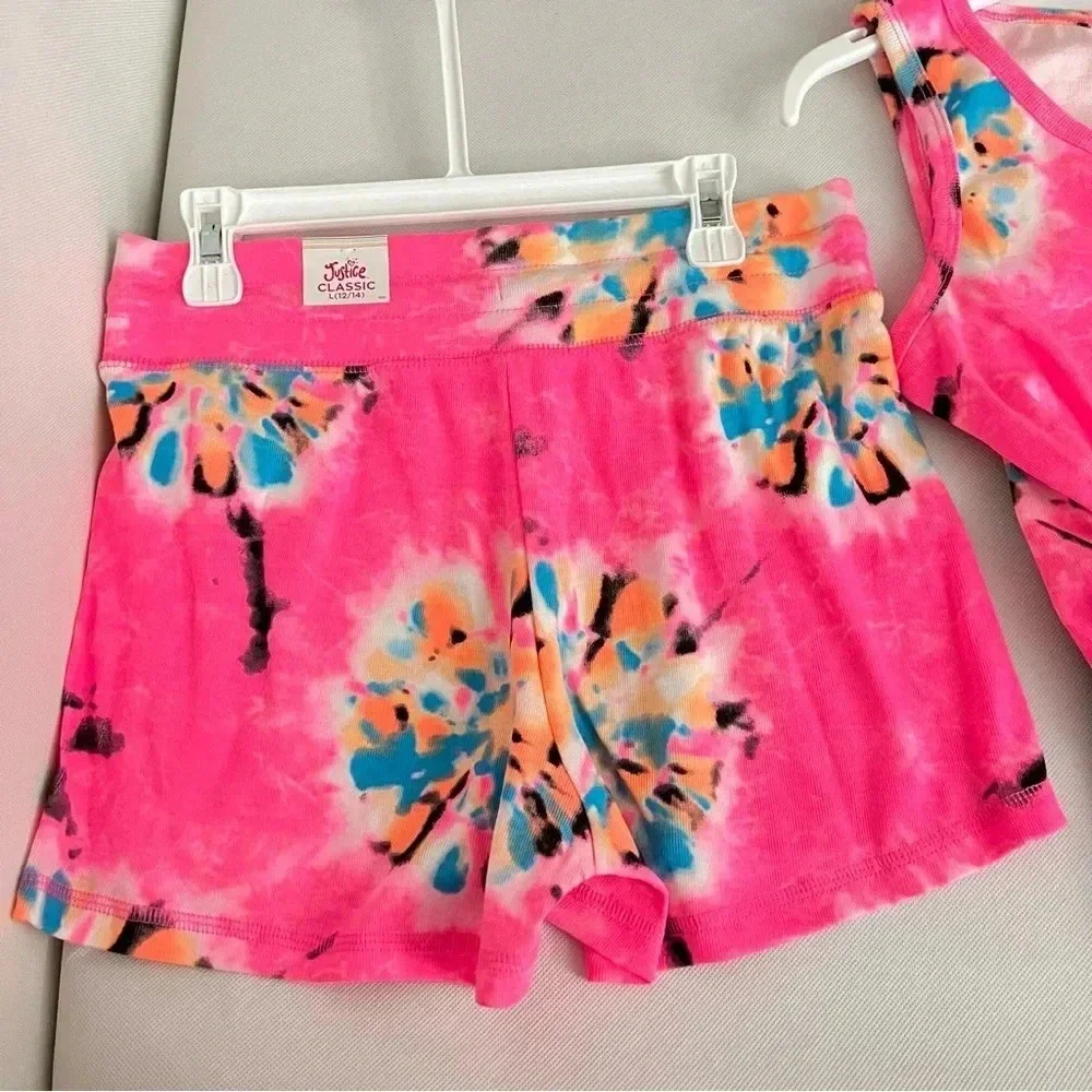 Justice Outfit Set Girls Cinch Side Tank & Short Size Large (12/14) Pink Tie-Dye